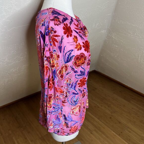 Hale Bob Top Medium Pink Floral Delyse Velvet Burnout Keyhole 3/4 Kimono Sleeves - Picture 7 of 11